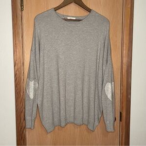 Elan Light Gray Crewneck Sweater with White Heart Elbow Patches